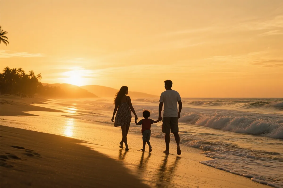 墨西哥海滩的金色夕阳，一家人牵手漫步，旅行与团聚的温度